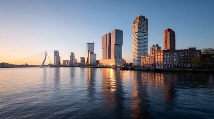 Fototapeta premium Modern high rise buildings reflect golden sunlight across a wide river during dawn
