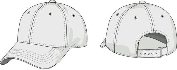 cad drawing flat vector illustration, baseball cap sketch, adjustable buckle strap design, curved brim hat template, sport fashion headwear mockup