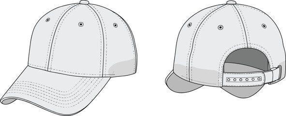 cad drawing flat vector illustration, baseball cap sketch, adjustable strap design, curved brim hat template, sport fashion headwear mockup