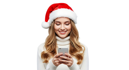 Young woman wearing a santa hat and white turtleneck sweater, smiling while looking at her smartphone, isolated on transparent background