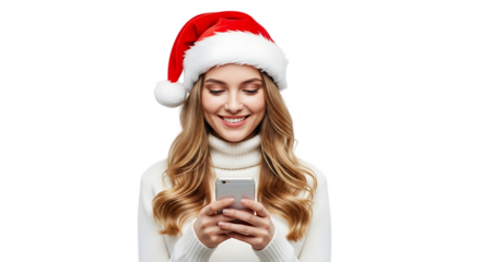 Young woman wearing a santa hat and white turtleneck sweater, smiling while looking at her smartphone, isolated on transparent background