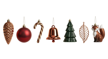 Collection of christmas ornaments including a pinecone, bauble, candy cane, bell, fir tree, leaf, and fox, isolated on transparent background