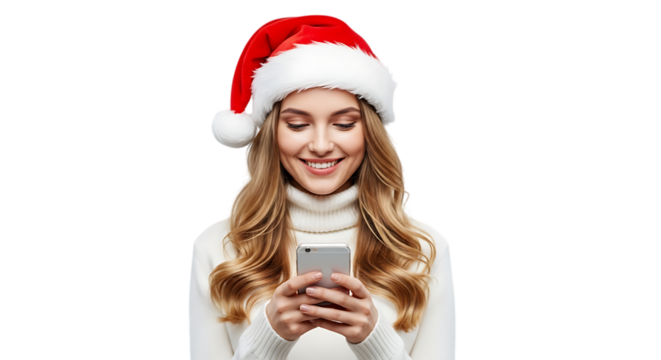 Young woman wearing a santa hat and white turtleneck sweater, smiling while looking at her smartphone, isolated on transparent background - Powered by Adobe