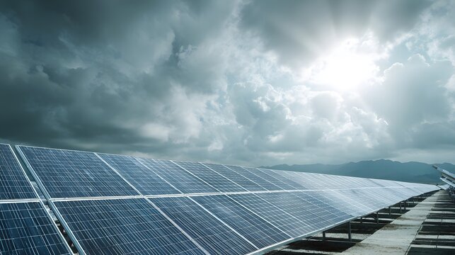 Rows of photovoltaic panels capture intense sunlight beneath dramatic, cloudy skies over distant mountains