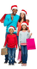 Happy family wearing santa hats and holding shopping bags, isolated on transparent background