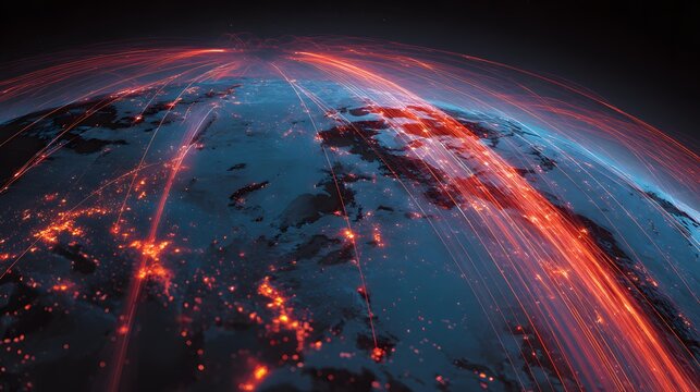 Illuminated global network shows intense data flow and connectivity across continents at night