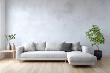Fototapeta premium Comfortable sectional sofa in a modern living room with light wood floor and textured wall.