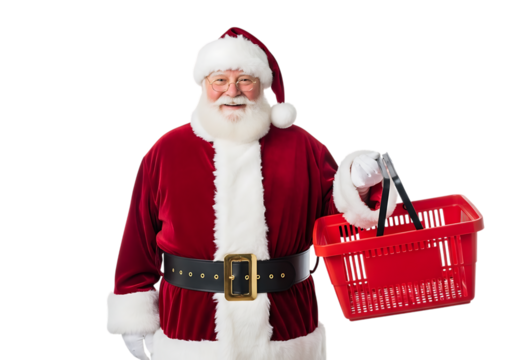 Smiling santa claus holding a red shopping basket, isolated on transparent background - Powered by Adobe