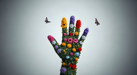 Human hand growing colorful flowers, artistic surreal concept