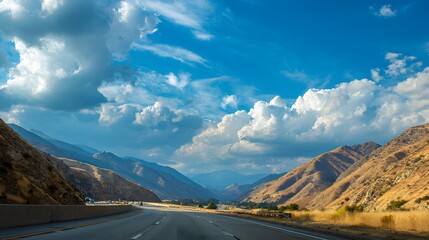 Paved highway winds through a sunlit mountainous landscape under dramatic skies