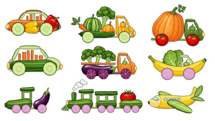 High-Quality Black Outline Colorful Icons of Vehicles Crafted from Vegetables, Fun Food Design Pictogram Set 