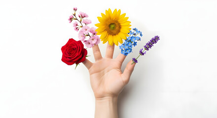 Human Hand in Surreal Concept with Flowers on Each Finger