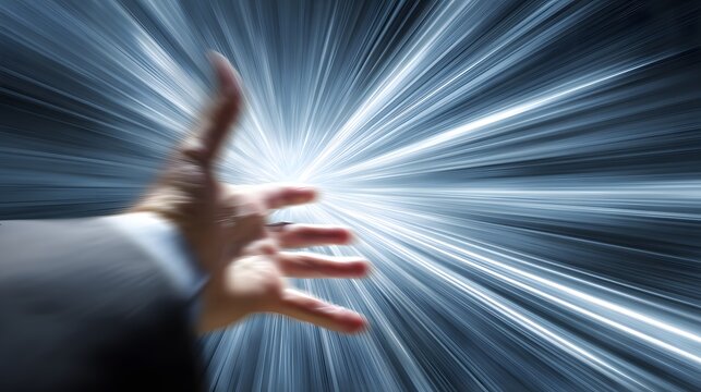 Business professional reaches out into a brilliant tunnel of streaking light