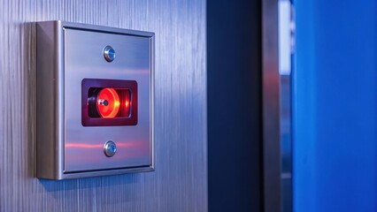 Polished brushed steel wall with a manual fire alarm pull bar mounted on it