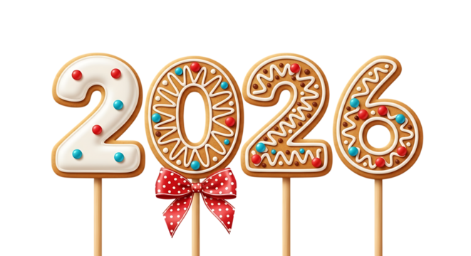 Gingerbread numbers forming the year 2026, decorated with icing and sprinkles, isolated on transparent background