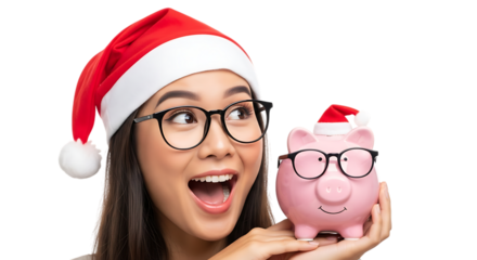 Excited young woman wearing a santa hat and glasses holding a piggy bank with a santa hat and glasses, isolated on transparent background