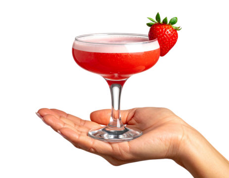 Hand holding a red cocktail in a coupe glass, garnished with a fresh strawberry, against a black background