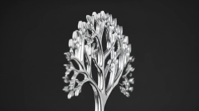 Detailed Silver Tree Sculpture with Intricate Branches and Leaves on a Black Background