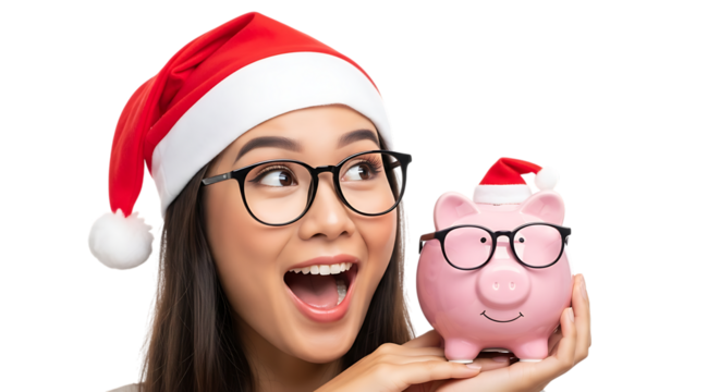 Excited young woman wearing a santa hat and glasses holding a piggy bank with a santa hat and glasses, isolated on transparent background