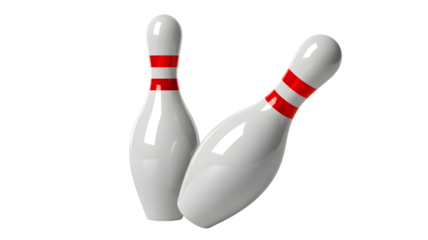 Two classic white bowling pins with red stripes standing close together isolated on transparent background