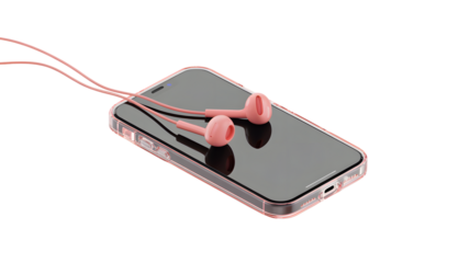 Close up of pink earbuds resting on a sleek modern smartphone with a reflective screen isolated on transparent background