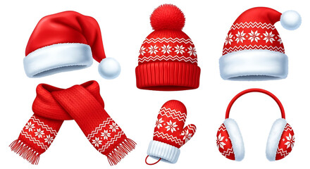 Collection of red winter accessories with white snowflake patterns, including santa hats, knitted hats, scarves, mittens, and earmuffs, isolated on transparent background