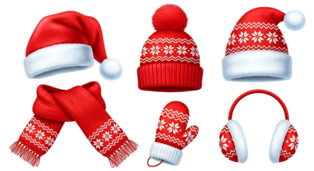 Collection of red winter accessories with white snowflake patterns, including santa hats, knitted hats, scarves, mittens, and earmuffs, isolated on transparent background