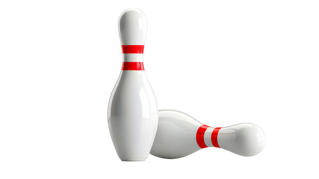 Two classic white bowling pins with red stripes one standing upright and one fallen over isolated on transparent background