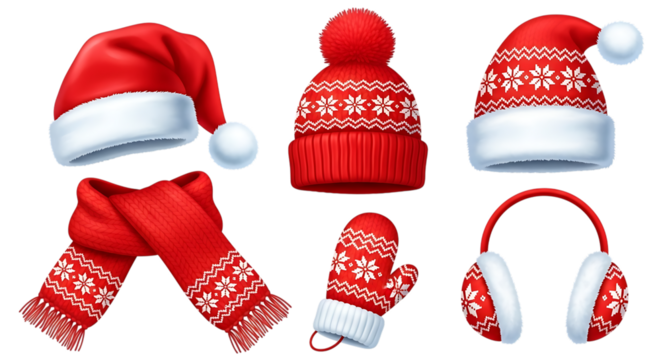 Collection of red winter accessories with white snowflake patterns, including santa hats, knitted hats, scarves, mittens, and earmuffs, isolated on transparent background