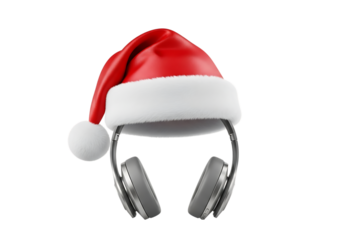 A red santa hat with a white pompom and trim is placed on top of a pair of silver headphones, isolated on transparent background