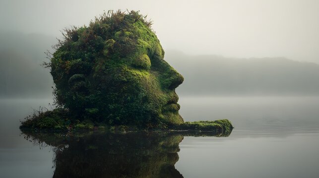 Monumental moss covered human profile sculpture emerges from misty water