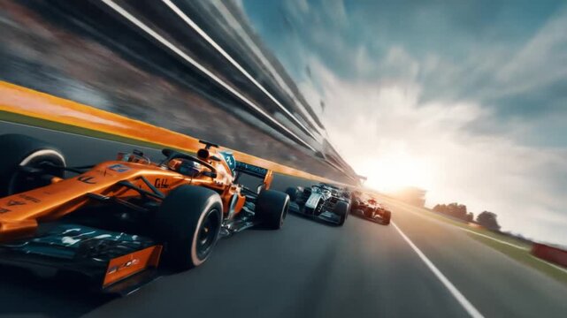 Orange race car leads a blurred pack on a sunlit track, speed, precision, and drifting pace intense