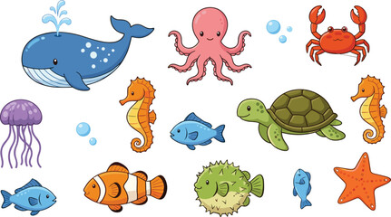 Cartoon sea animals, cute marine creatures, underwater wildlife illustration, ocean fish, whale, turtle, octopus, crab, seahorse, jellyfish, starfish, bubbles