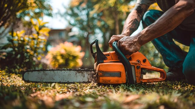 Person crouches down preparing to operate a powerful cutting tool in an outdoor setting - Powered by Adobe