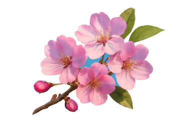 Cherry blossom branch with pink flowers and green leaves opening in spring, transparent background