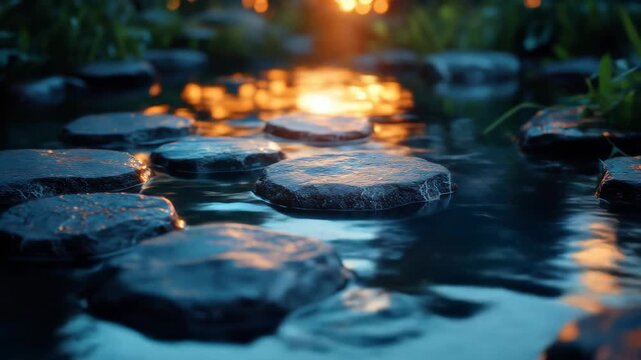 Dark stepping stones create a path through glistening water with fiery reflections