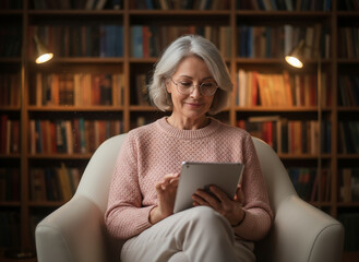 An elegant senior woman sits comfortably in an armchair, reading on a digital tablet in a warm, softly lit library filled with books.