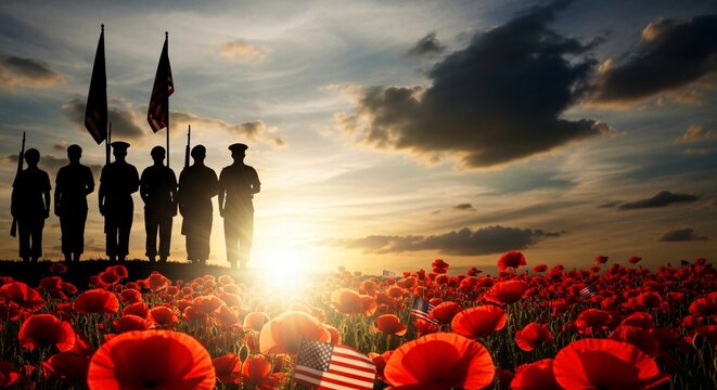 Veterans Day Sunset Honoring American Heroes With Flags & Remembrance Poppies November 11th