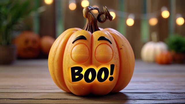 Cheerful pumpkin with eyes and a spooky message.