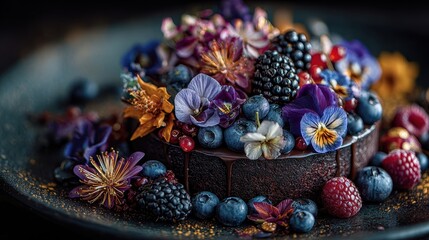 Hyperrealistic studio shot of a perfectly sculpted vegan chocolate cake adorned with fresh berries and edible flowers symbolizing World Vegan Day culinary artistry and the richness of cruelty free des