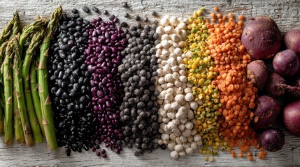 Hyperrealistic flat lay of diverse vegan ingredients fresh vegetables fruits grains and legumes arranged artfully on a light wooden background for World Vegan Day showcasing a holistic plant based die