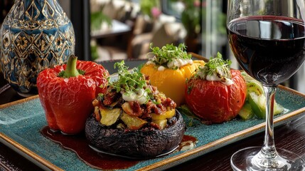 An elegant restaurant table set with a beautifully plated gourmet vegan dish like a mushroom risotto or stuffed bell pepper for World Vegan Day appealing to fine dining experiences and plant forward c