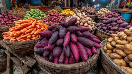A vibrant display of fresh organic produce at a farmer's market promoting World Vegan Day and local sourcing showcasing the beauty and variety of whole foods and sustainable agriculture bright market