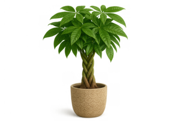 Money plant pachira aquatica with braided trunk in decorative pot providing lush greenery, transparent background