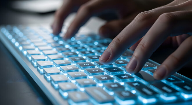 Typing on a backlit keyboard with fingers visible in a close up shot of the illuminated keys
 - Powered by Adobe