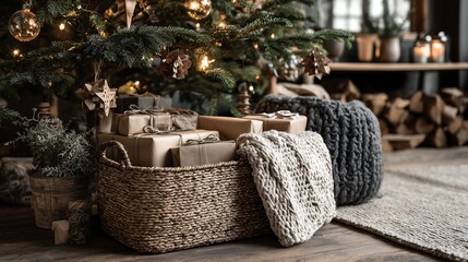 Rustic Nordic Christmas decor Christmas tree with wooden ornaments, warm string lights, kraft paper wrapped gifts and a fluffy grey blanket for a cozy and rustic seasonal look.