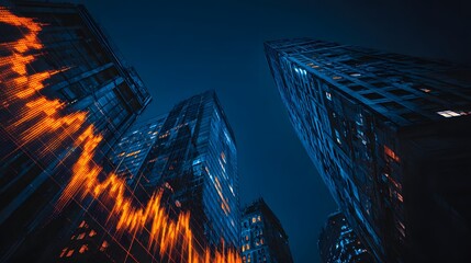 Towering structures of commerce reflect an intense digital financial chart at night