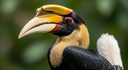 Obraz premium Great Hornbill Bird Close-up Portrait in Lush Greenery.