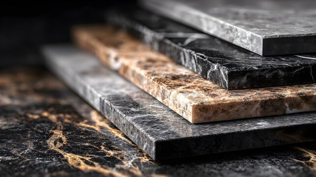 Stacked polished stone slabs display diverse natural mineral patterns and colors