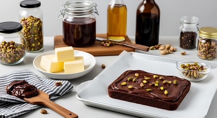 Delicious Brownie Preparation with Ingredients and Toppings.